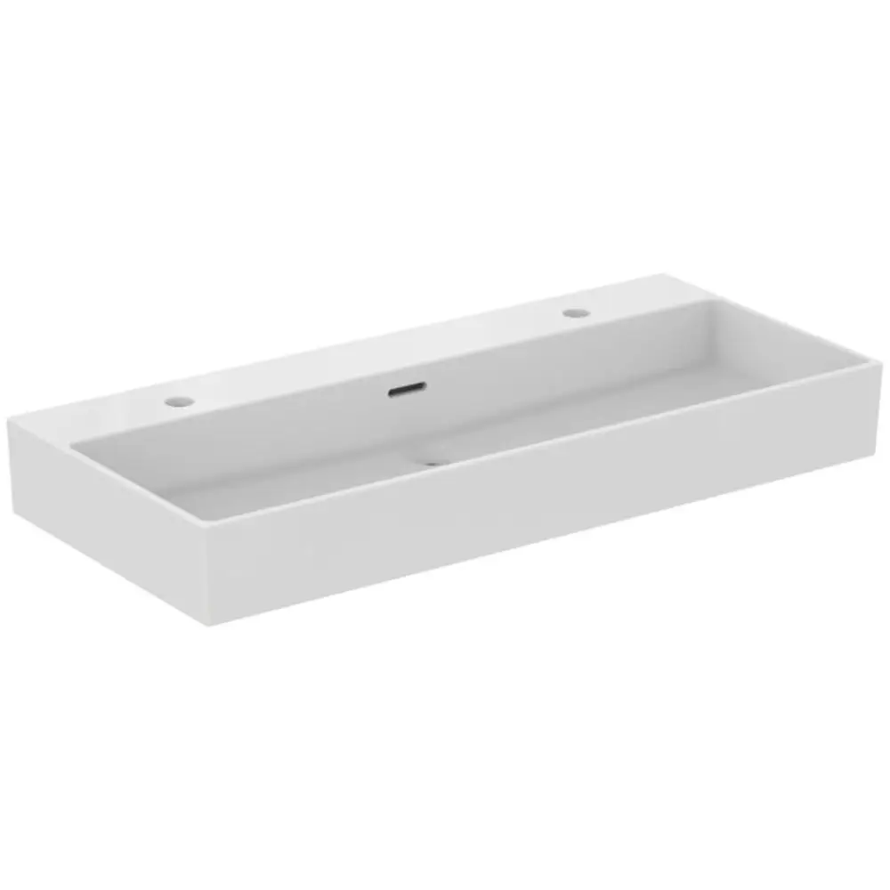 Waschtisch von Ideal Standard in Weiß, mit zwei Wasserhahnbohrungen und Ablaufloch, rechteckige Form, klare Linien.